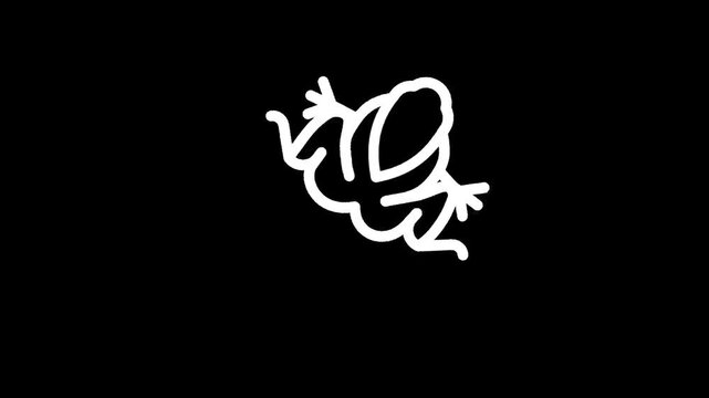 Simple white line drawing of a frog jumping against a black background