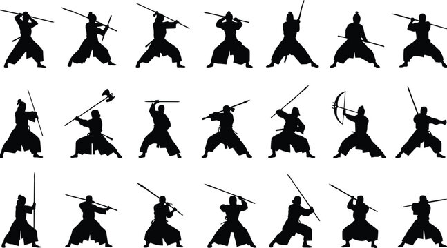 Silhouette collection of samurai warriors and traditional Japanese martial artists posing with swords, bows, spears, and axes