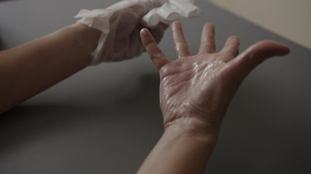 Medical worker or researcher removing disposable transparent vinyl gloves, revealing wet, sweaty palms caused by prolonged use, illustrating effects of stress and hyperhidrosis, close-up, slow motion