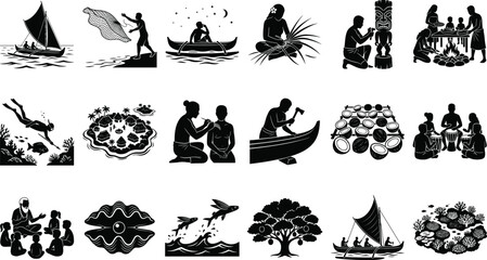 Traditional Polynesian and Pacific Island culture vector icons set featuring daily life, indigenous fishing, navigation, tattooing, and village life © Ananya