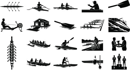 Vector silhouettes collection of water sports icons including rowing team kayak canoeing indoor machine boathouse and podium award ceremony © Ananya