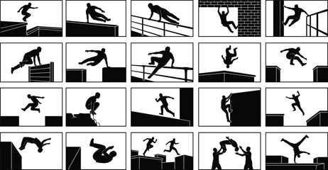 Vector silhouettes of parkour athletes performing stunts jumps and flips in urban city environments for active lifestyle concepts © Ananya