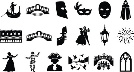 Venice Carnival Silhouette Icon Set Featuring Gondolas Venetian Masks Historic Bridges Harlequin Dancers and Italian Landmark Elements © Ananya