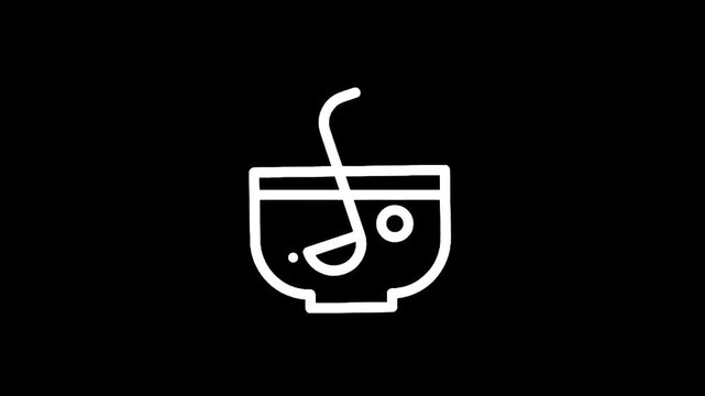 Simple line art icon of a bowl of soup with a ladle inside, on a black background