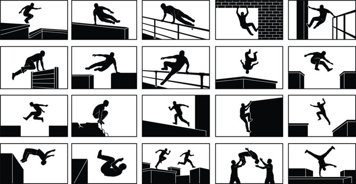 Vector silhouettes of parkour athletes performing stunts jumps and flips in urban city environments for active lifestyle concepts