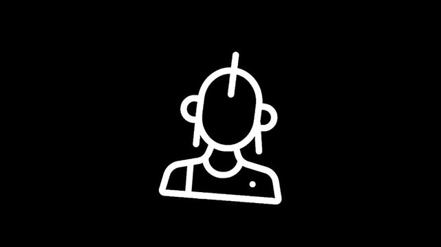 Minimalist white outline of a person with headphones and a mohawk on a black background