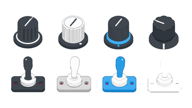 Set of rotary knobs and toggle switch controls illustration