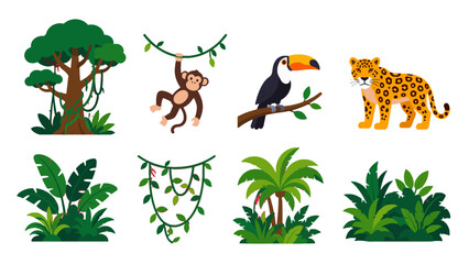 Fototapeta premium Cute jungle animals and tropical plants vector set