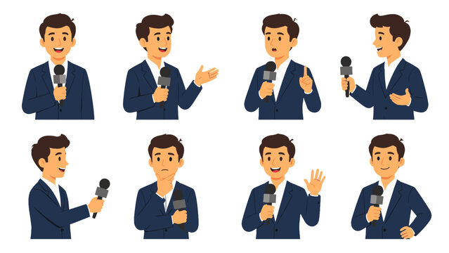 Set of male reporter characters holding microphones in poses