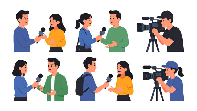 Reporter interviewing people with cameraman vector set