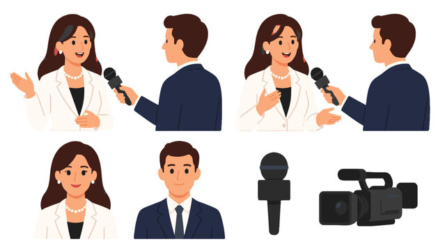 Reporter interviewing woman with microphone and camera icons