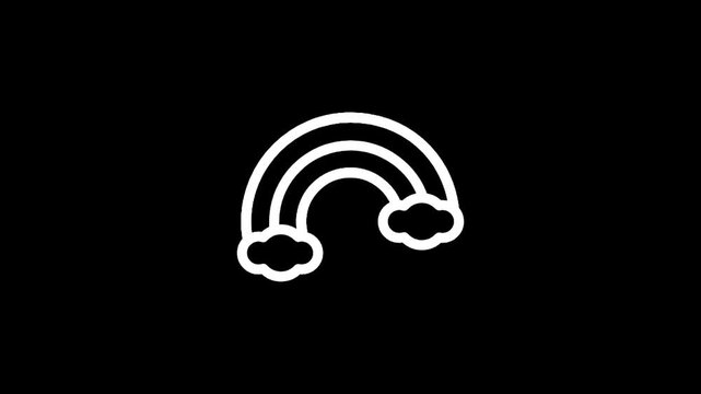 Simple white rainbow icon with clouds on a black background, minimalist design