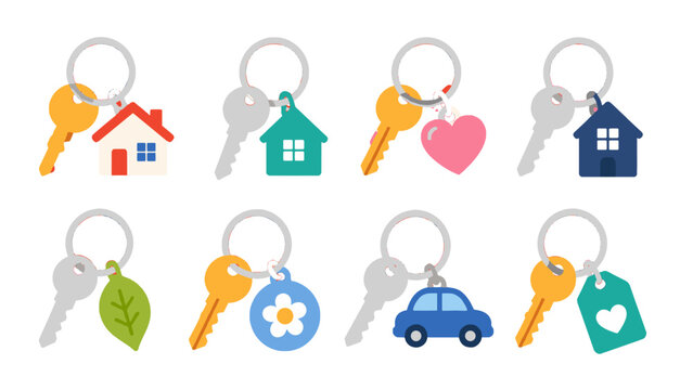 Set of colorful keychains with house, heart, leaf, flower and car