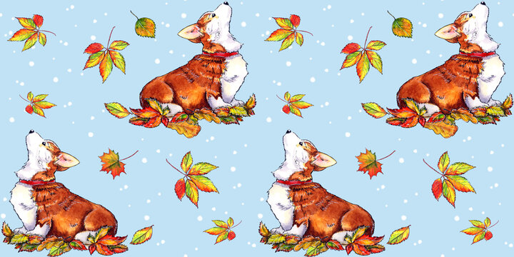 Cute Corgi and Autumn Leaves Seamless Pattern | Graphic Watercolor Fall Dog Design