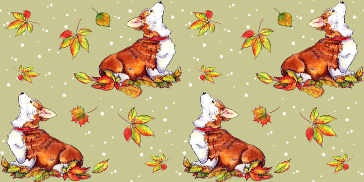 Cute Corgi and Autumn Leaves Seamless Pattern | Graphic Watercolor Fall Dog Design