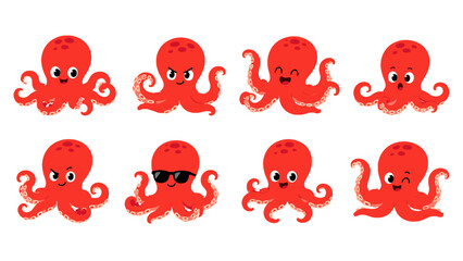 Set of cute red octopus cartoon characters with varied expressions © Alan
