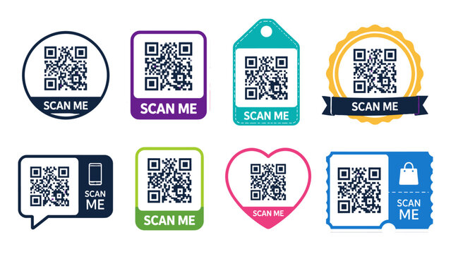 Set of colorful QR code scan me labels and sticker badges