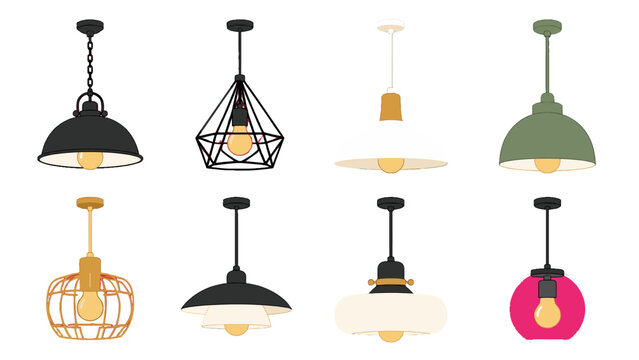 Set of hanging pendant ceiling lamps in flat vector style