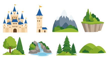 Cartoon fantasy landscape elements and castle vector set © Alan
