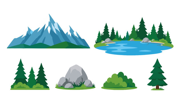 Vector set of mountains, lake, trees, rocks and bushes