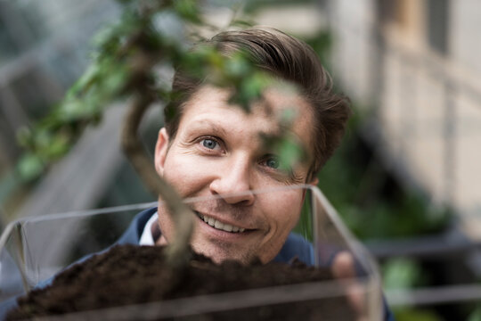Businssman watching green plant grow