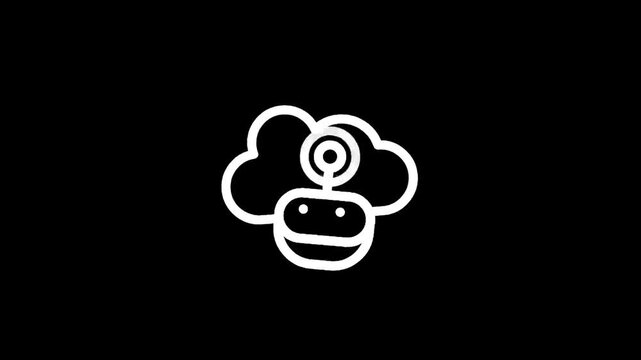 Simple white line art icon of a robot head with a cloud symbol on a black background