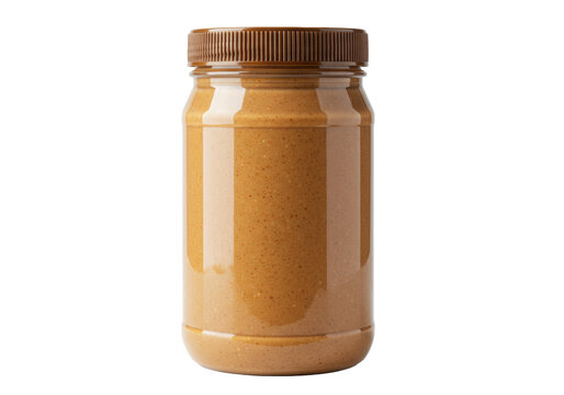A transparent plastic jar of light brown, creamy almond butter with a dark ribbed lid, on a transparent background with copy space, subtle shadow, concept for healthy food branding