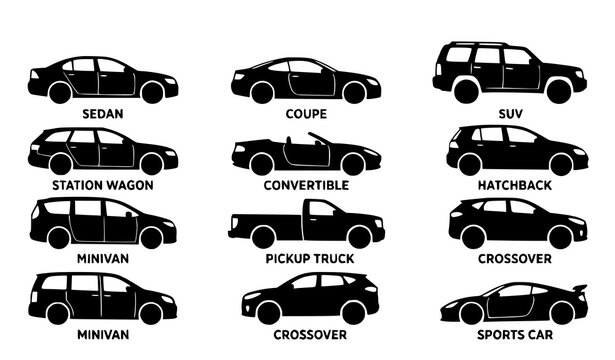 Car body type silhouette vector set with sedan SUV coupe and pickup icons