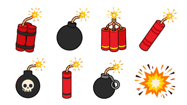 Cartoon explosive bomb and dynamite icon set