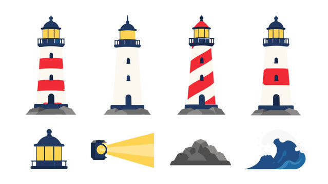 Set of lighthouse icons with beacon, rocks and ocean wave