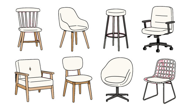 Set of assorted chair and stool furniture line illustrations