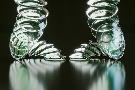 Abstract 3D render of stacked geometric glass lenses with reflection