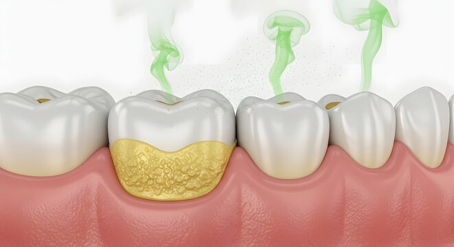 Heavy yellow plaque and tartar buildup on a molar. Halitosis and poor oral hygiene consequences. Noxious green fumes rising from a dirty tooth causing severe bad breath.