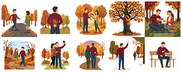Fototapeta premium Flat vector illustration set of young couples and people enjoying autumn activities in the park, including romantic dates, walking, and picnics in the fall season.