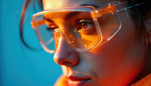 Young woman wears orange tinted safety goggles, looking intently. Her face is lit with warm light against blue background. Close-up shows eye protection detail.