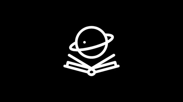 Open book with a planet and rings above, symbolizing knowledge and space exploration