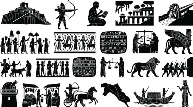 Ancient Mesopotamian history and culture silhouette icons set featuring sumerian cuneiform babylonian ziggurat chariot and historical life illustrations