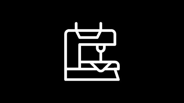 Simple white line art icon of a sewing machine on a black background