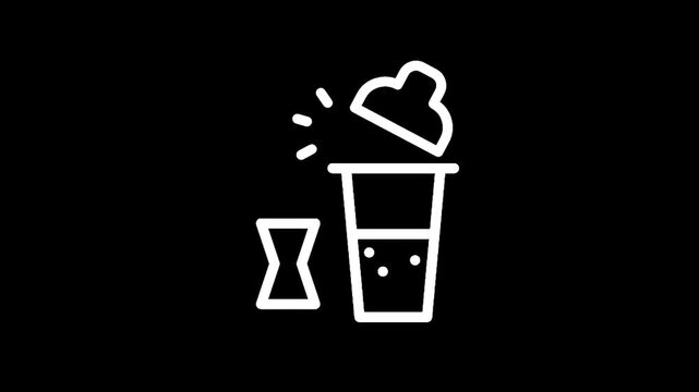 Minimalist white outline of a cocktail shaker and jigger on a black background