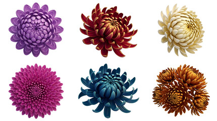Fototapeta premium Set of colorful chrysanthemum flower heads isolated on a black background