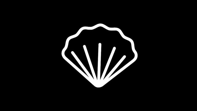 Simple white scallop shell icon on a black background, minimalist design