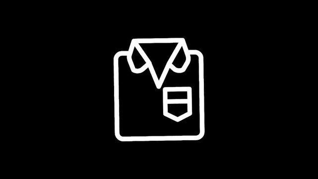Simple white line icon of a folded polo shirt with a pocket on a black background