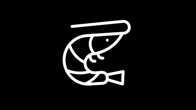 Simple white outline icon of a shrimp on a black background