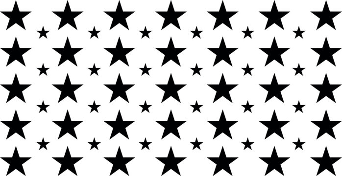 Numerous black stars scattered across a white background creating a celestial pattern for festive designs and nighttime themes