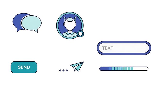 Blue and teal colored chat interface icons with a robot and text input field displayed prominently