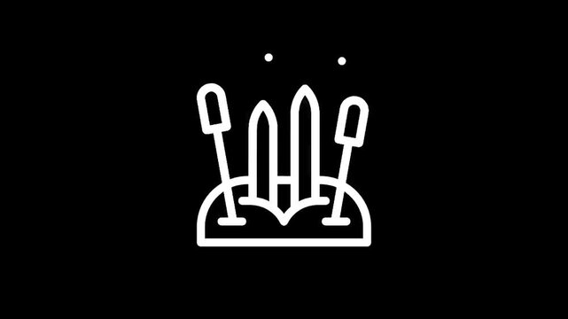 Clean white line icon of skis and poles stuck in snow on a black background