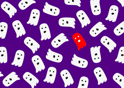 Unique red ghost standing out among white ghosts on purple