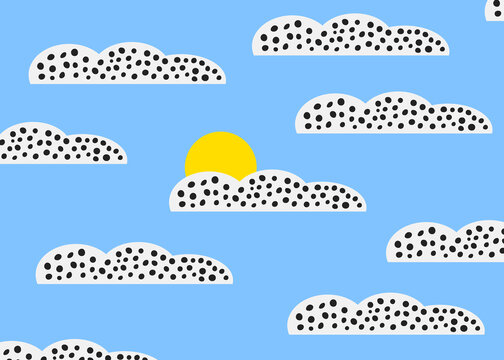 Abstract whimsical illustration of dotted clouds and sun in blue sky
