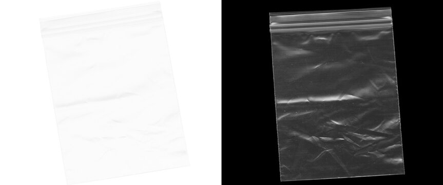 Transparent plastic zipper bag mockup, clear polyethylene zip lock pouch on black and white background, wrinkled texture poly bag for packaging
