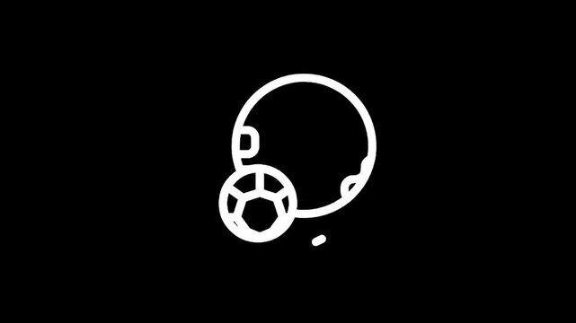 Simple line art icon of a soccer ball next to a planet with craters on a black background